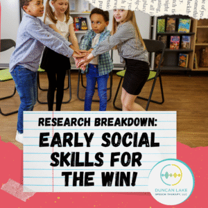 Four young children stand in a circle with their hands stacked together in the center, appearing to engage in a cooperative group activity. Behind them are chairs, bookshelves, and colorful decorations. Overlaid text reads: “Research Breakdown: Early Social Skills for the Win!” The Duncan Lake Speech Therapy, LLC logo is in the bottom right corner. The design includes playful collage elements like torn paper and notebook lines.
