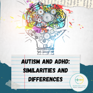 ASD and ADHD blog post title page featuring a brain with rainbow colors.