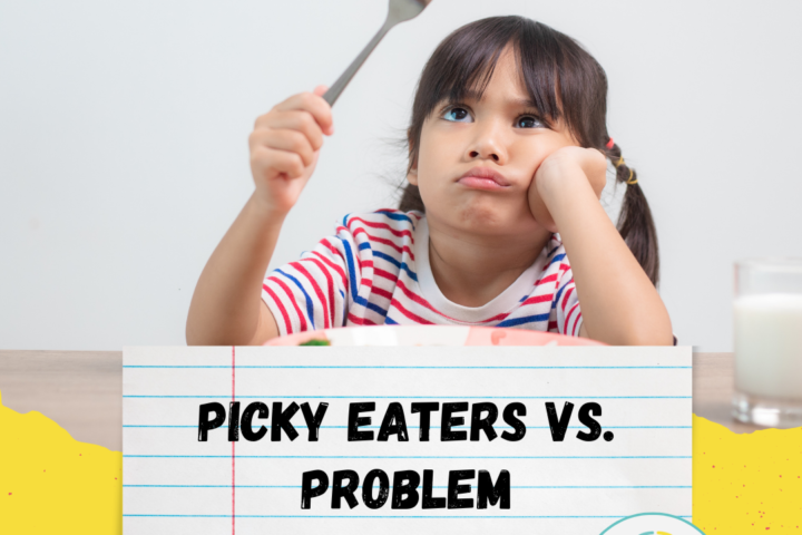 A small child holding a fork with broccoli with a look of disgust. The title says, "Picky Eaters vs. Problem Feeders."