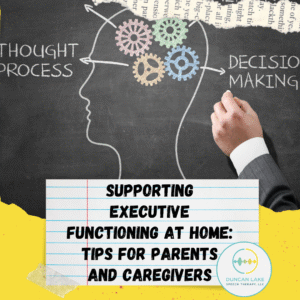 A chalkboard-style graphic shows a drawing of a human head in profile with colorful gears inside the brain area, connected by arrows to the words “Thought Process” and “Decision Making.” A hand in a suit is writing on the board. Overlaid text on a notebook-paper background reads: “Supporting Executive Functioning at Home: Tips for Parents and Caregivers.” The Duncan Lake Speech Therapy, LLC logo appears in the bottom right corner.