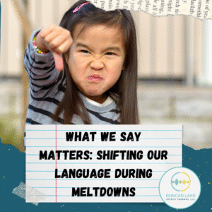 A young child with long dark hair wearing a striped shirt is making an angry face and giving a thumbs-down gesture. Overlaid text reads: “What We Say Matters: Shifting Our Language During Meltdowns.” The Duncan Lake Speech Therapy, LLC logo is in the bottom right corner. The design includes a torn paper collage and a notebook-style background behind the text.
