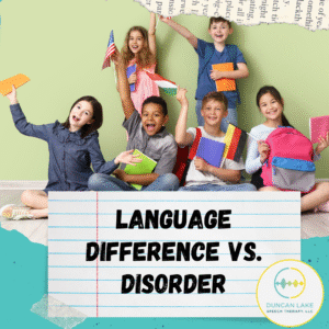 A group of six smiling children sit on the floor against a light green wall, holding colorful notebooks, backpacks, and small flags from different countries, including the United States, Hungary, and Germany. Below them is a notepaper-style graphic with bold black text that reads “Language Difference vs. Disorder.” The Duncan Lake Speech Therapy, LLC logo appears in the bottom right corner.