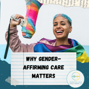 A person with short teal hair smiles brightly while holding a megaphone wrapped in a rainbow pride flag. Another rainbow flag is draped over their shoulders. Behind them is a torn-paper collage background in soft blue and cream tones. In front, a notecard-style graphic reads “Why Gender-Affirming Care Matters,” with the Duncan Lake Speech Therapy, LLC logo in the bottom right corner.