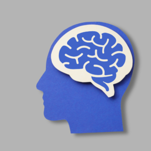 A blue paper cutout silhouette of a human head facing left, with a white and blue stylized brain graphic placed inside the head area, all on a light gray background.