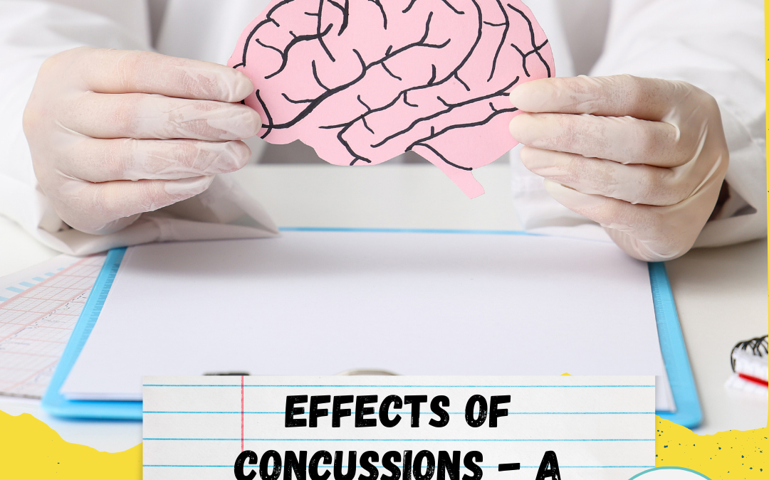 A person wearing white gloves holds a pink paper cutout of a brain with black lines drawn to represent folds and pathways. The brain is held over a desk with a clipboard and paper. At the bottom of the image, bold black text on a lined notebook-style background reads, “Effects of Concussions – A Research Review for Tami’s Birthday!” The Duncan Lake Speech Therapy, LLC logo appears in the lower right corner. The overall design features yellow graphic accents and layered paper textures.