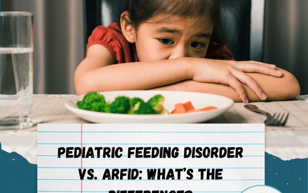 A young child sits at a dining table with their head resting on their arms, looking discouraged while staring at a plate of broccoli and carrots. Overlaid text reads, “Pediatric Feeding Disorder vs. ARFID: What’s the Difference?” with the Duncan Lake Speech Therapy logo in the corner.